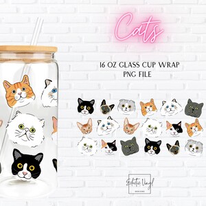 16 オンス Libbey ガラス缶ラップ SVG PNG 昇華タンブラー ファイル | 猫、子猫、猫ママ、ネコ科、シャム猫、ペルシャ猫、スフィンクス猫、スコティッシュ フォールド