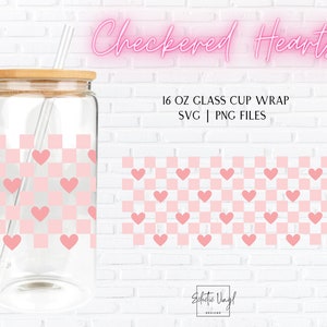 Rutigt hjärta-muggomslag | 473 ml Libbey SVG PNG | Rosa glasburkdesign för sublimering