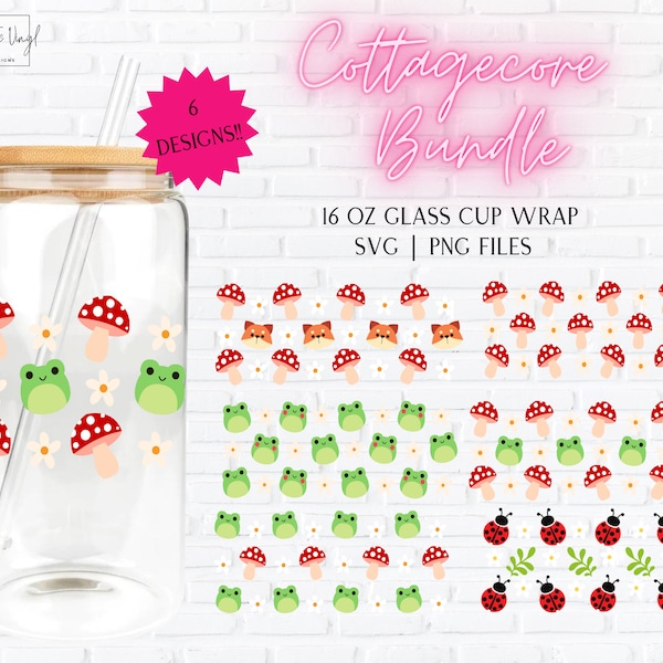 16 oz Libbey Glass Can Wrap Bundle SVG PNG Sublimation Tumbler Files | Cottagecore Frogs Mushrooms Foxes Flowers Lady Bugs Nature