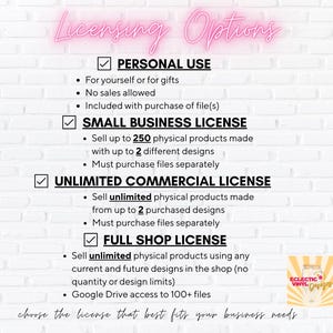 May include: A white brick background with text in pink and black, detailing licensing options. The options include personal use, small business, unlimited commercial, and full shop licenses. A logo is in the bottom right corner.