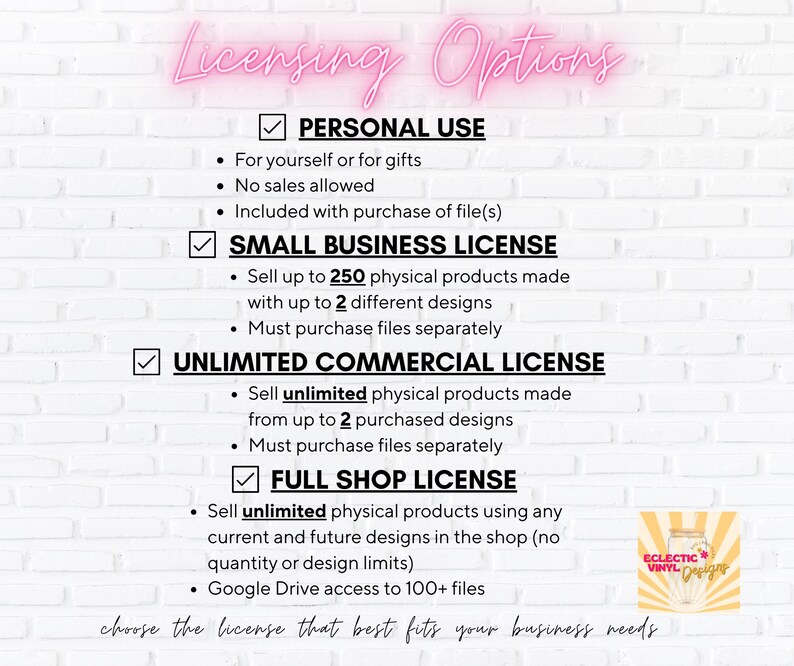 May include: A white brick background with text in pink and black, detailing licensing options. The options include personal use, small business, unlimited commercial, and full shop licenses. A logo is in the bottom right corner.