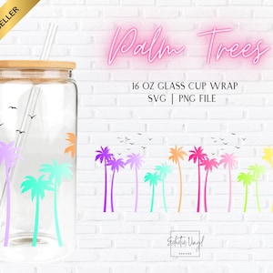 Palm Tree Libbey Glass Wrap SVG PNG | 16oz Tumbler File for Summer, Beach Babe, Tropical Drink, Rainbow Trees, Sublimation