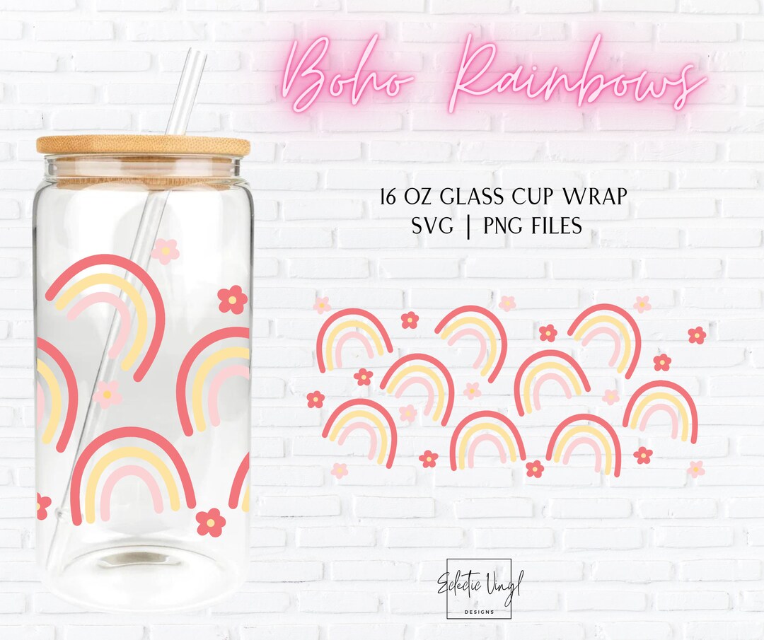 Boho Rainbow Glass Cup Wrap | 16 Oz Libbey PNG SVG | Boho Cup Wrap File ...
