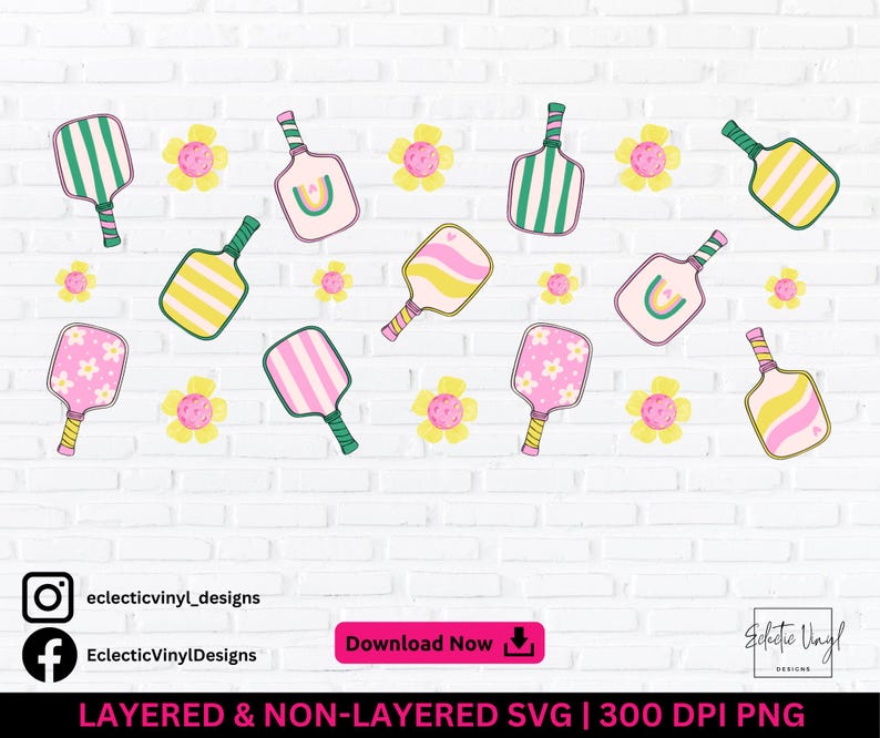 May include: A digital design with pickleball paddles and flowers on a white brick background. The paddles are in various colours and patterns. The text "LAYERED & NON-LAYERED SVG | 300 DPI PNG" is at the bottom of the image.