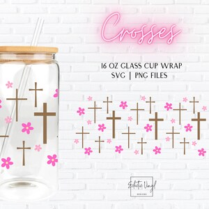16 oz Libbey Glass puede envolver archivos / cruces de vaso de sublimación SVG PNG, cruz de Jesús, margaritas retro, diseños basados en la fe cristiana