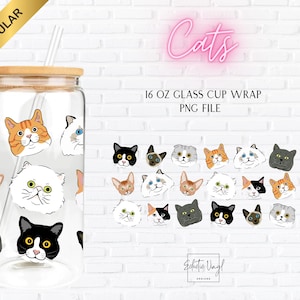 Cats Libbey Cup Wrap PNG, 16oz Glass Can, Cat Faces Glass Cup Design, Cute Pet Lover Tumbler Wrap, Digital Download