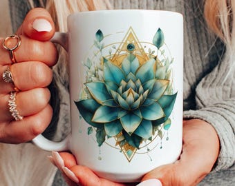 Blue Lotus Flower Mug, Boho Home Decor, Yoga Teacher Gift, Mandala Mug, Gift for Best Friend Female, Flower Coffee Mug, Kitchenware Gift