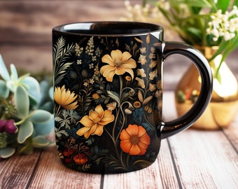 Mystical Cottagecore Wildflower Mug, Dark Botanical, Psychadelic, Dark Academia Decor, Illuminated Art, Digital Art, Floral Tea Mug, Elegant