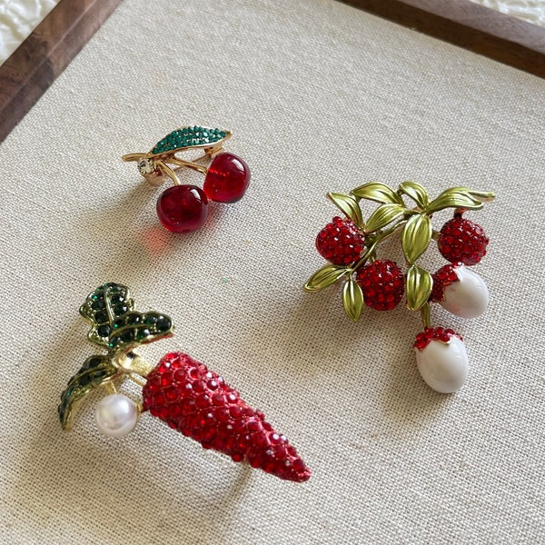 Fruit Brooches - Cherry Brooch - Carrots Brooch - Lychee Brooch - Gold Toned - Gift For Her/Kids -  314