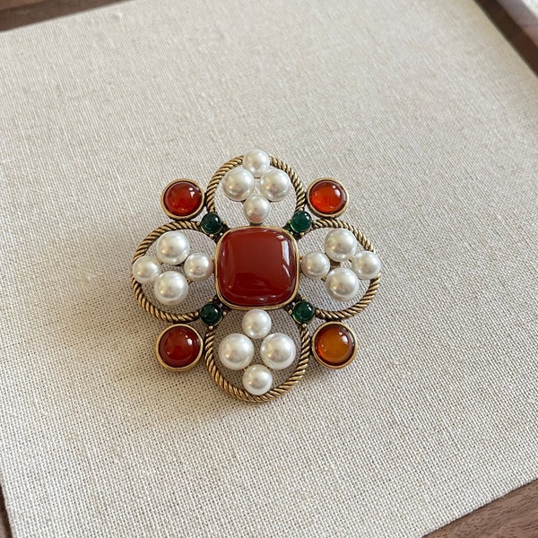 Red Agate Pearl Metal Brooch - 18k Gold Plated - Gift For Her - Gemstone Brooch - 305