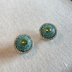Small Blue Stud Earrings - Peridot Jewelry - Gemstone Earrings - Pave Rhinestone Earrings - Distressed Gold Tone - 374