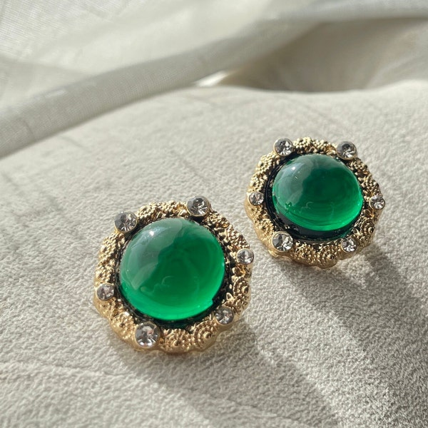 Deep Green Transparent  Glass Cabochon Earrings - Gold Toned - Rhinestone Surrounding 216