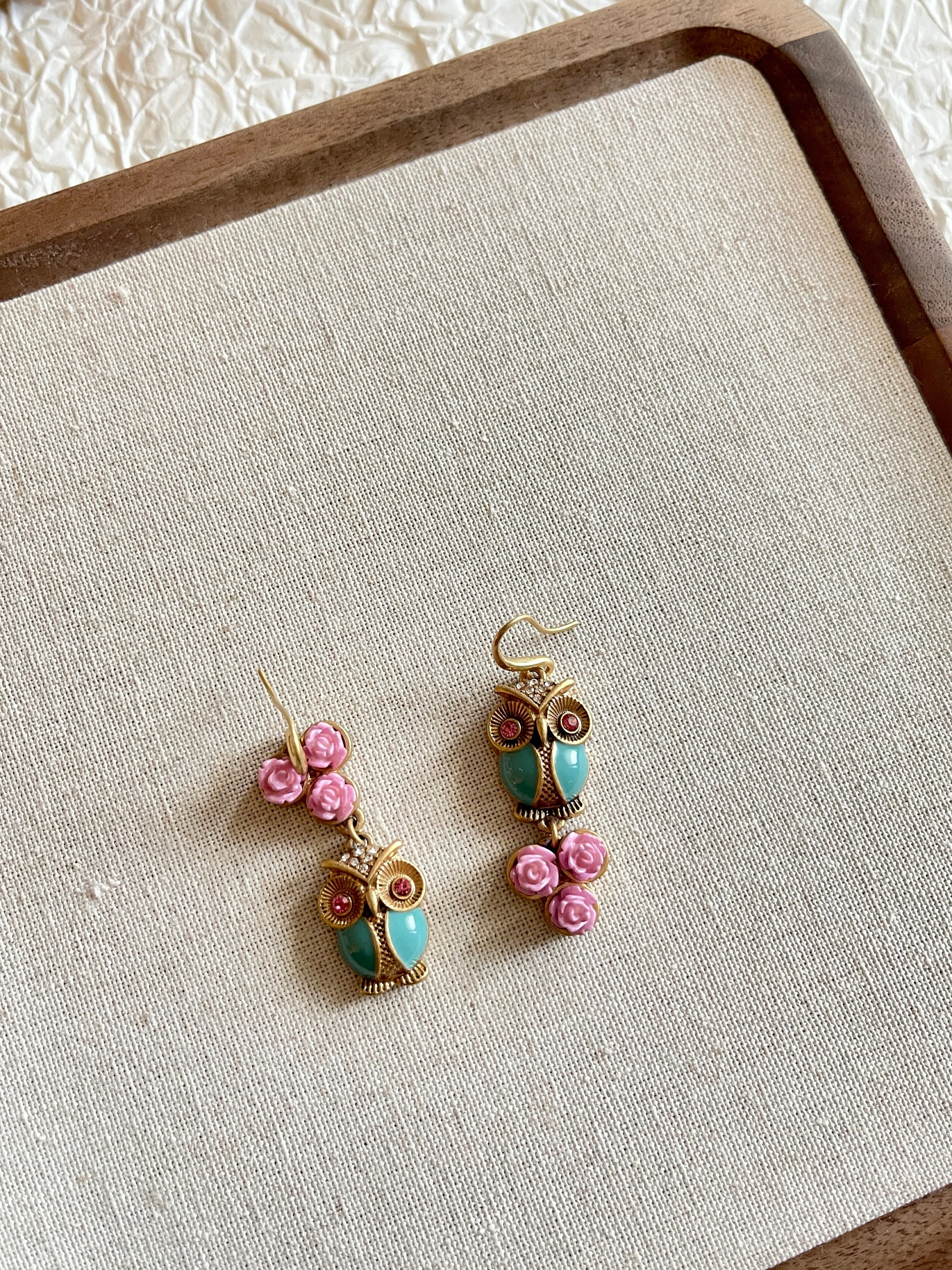 Carve Flower And Enamel Owl Hoop Earrings - 18k Gold Plated - Gift For Her - For Kids Women - Animal