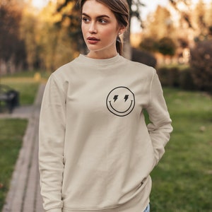 Lightning Eyes Smiley Face Crewneck Sweatshirt, Oversized Smiley Face Crewneck, Trendy Unisex Smiley Face Sweatshirt