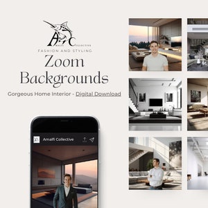May include: A collection of Zoom backgrounds featuring modern home interiors. The backgrounds include a living room with a large window, a bedroom with a fireplace, and a kitchen with a breakfast bar. The backgrounds are perfect for virtual meetings and online events.