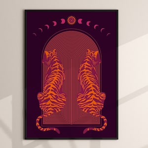 Boho Tiger Wall Art Orange Purple, Year of the Tiger Art Print, Moon Phase Art Decor, Animal Prints, DIGITAL DOWNLOAD, PRINTABLE Wall Art