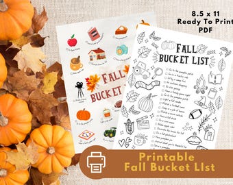 May include: Printable Fall Bucket List checklist with black and white illustrations of fall activities. The list includes items like going to a pumpkin patch, having a bonfire, and watching a football game. The printable is 8.5 inches by 11 inches.