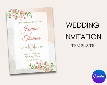 May include: Wedding invitation template with a watercolor floral design in pink and green. The text reads "The Wedding Ceremony of Jasmine & Thomas, Sunday May 03, 2024, At 3pm, 123 Anywhere St, Any City, 12345, RSVP: 123-098-5667".