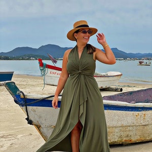 Linen Dress Sarong Dress Short Sarong Dress Elastic Back Retro Oasis Palms  Moss M