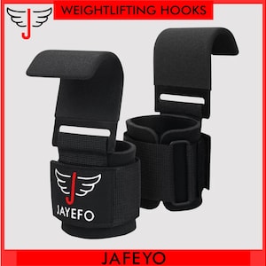 May include: Black weightlifting hooks with padded wrist straps. The hooks have a curved design for gripping barbells and other weightlifting equipment. The brand name "JAYEFO" is displayed on the wrist strap.