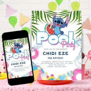 Invitation d'anniversaire Stich modifiable, invitation Stich, invitation numérique pour enfants Stich, invitation à une fête à la piscine Stich, Canva Stich modifiable, invitation à une fête à la piscine
