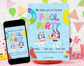 bluey pool birthday, bluey digital invite, bluey pool party, bluey summer, bluey pool, bluey birthday, bluey party, bluey swimming