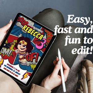 Bearbeitbare Wonder Woman Geburtstagseinladungsvorlagen für Mädchen, Superheldenkarte für Mädchen, Wonder Woman Einladung, Superhelden Mädchen Einladung