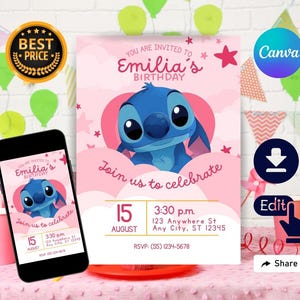 Invitation d’anniversaire Stitch modifiable, invitation Stitch, invitation Stitch Digital Kids,, Canva Stich modifiable, invi d’anniversaire point, invitation point