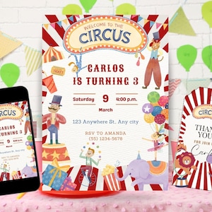 Zirkus-Geburtstagseinladung, Karnevals-Geburtstagseinladung, Zirkus-Geburtstagseinladung, Karnevalseinladung, Karnevalszirkus-Dankeschön-Tag,