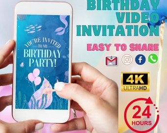 Invitation vidéo d’anniversaire de sirène, invitation électronique à une fête d’anniversaire sur le thème de la sirène, invitation animée de petite sirène,