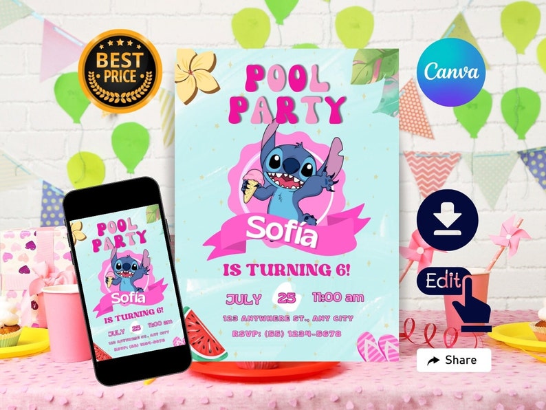 Stitch Pool Party Invitation Stitch Birthday Invitation Stitch
