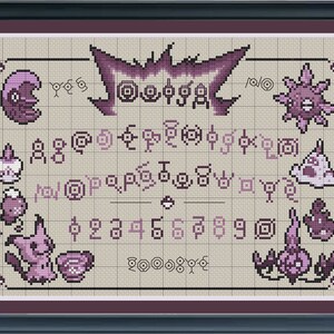 May include: A purple and white cross-stitch pattern featuring various Pokemon characters, including a purple Gengar, a white Gastly, and a purple Haunter. The pattern also includes the alphabet, numbers, and various symbols.