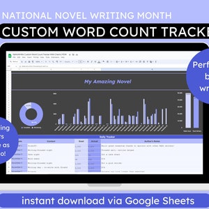 Op de afbeelding: Een laptop toont een aangepaste woordenteller voor de Nationale Roman Schrijfmaand. Het scherm toont grafieken en een dagelijkse tracker, met de tekst "My Amazing Novel". De afbeelding bevat de zinnen "Satisfying charts update as you go!" en "Perfect for busy writers!"