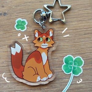 Puede incluir: Un llavero acr&iacute;lico transparente con un gato naranja de dibujos animados con detalles blancos y un cierre plateado en forma de estrella. Tambi&eacute;n hay dos pegatinas verdes de tr&eacute;boles de cuatro hojas y una peque&ntilde;a pegatina verde de tr&eacute;bol de tres hojas.