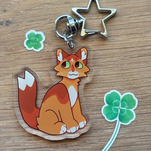 Puede incluir: Un llavero de gato de acr&iacute;lico transparente con detalles en naranja y blanco, un cierre plateado en forma de estrella y dos pegatinas de tr&eacute;bol de cuatro hojas verdes. El gato tiene ojos verdes y una cola esponjosa. Sobre una superficie de madera.