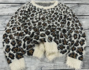 Vintage Japanese Leopard Print Fuzzy Sweater Y2K Fluffy Knit Top 90s Glam Aesthetic Statement Sweater