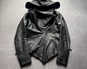 2000s Japanese Rick Owens Type! Assymetrical Zip Rare Luxury Leather Jacket Hood