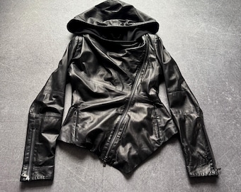 2000s Japanese Rick Owens Type! Assymetrical Zip Rare Luxury Leather Jacket Hood