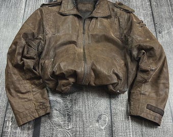 Vintage Japanese Distressed Leather Jacket Brown Cropped Moto Military Jacket Y2K Streetwear Grunge Aesthetic Vintage Style