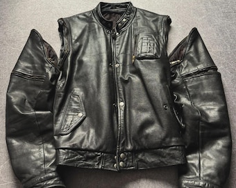 Vintage Rick Owens Style Leather Jacket Black Biker Moto Jacket Detachable Sleeves 2 Way Jacket Y2K Grunge Punk Style Leather Outerwear