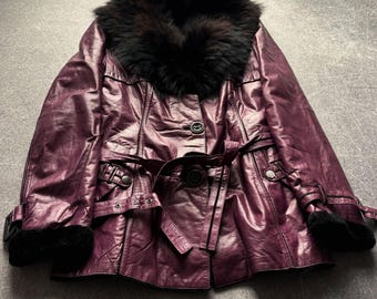 2000s Japanese Rick Owens Type! Purpule Leather Real Fur Napoleon Jacket 90s Y2k