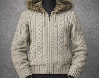 Vintage If Six Was Nine Style  Knit Hoodie Fur Hood Sweater Jacket Cable Knit Zip Up Cardigan 90s Cottagecore Cozy