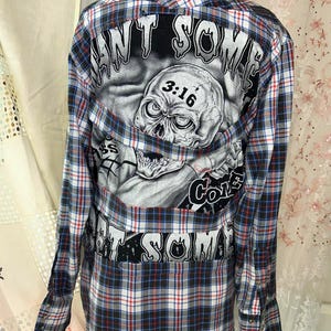 Want Some, Get Some” Skull Flannel – Reverse Appliqué – Size __L/XL