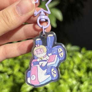 Puppycat Racer Keychain – Cute Acrylic Charm for Bee and Puppycat Fans, Double-Sided Glitter Keyring, Cartoon Keychain Gift