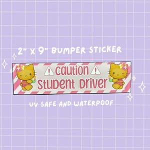 Puede incluir: Una pegatina rectangular de 5 cm por 23 cm con fondo blanco y rayas diagonales rosas. El texto CAUTION STUDENT DRIVER aparece en letras negritas, flanqueado por dos gatos de dibujos animados con trajes rosas y flores tropicales.