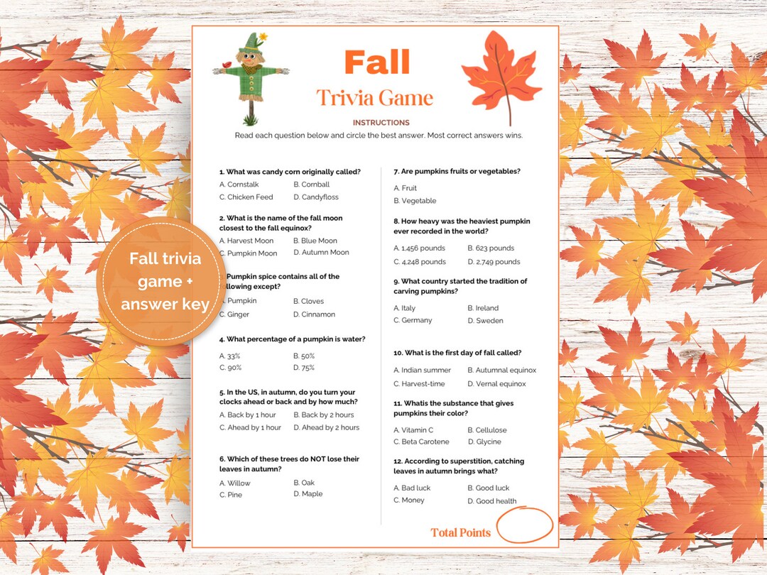 Fall Trivia Game Printable Fall Game thanksgiving Game Autumn 