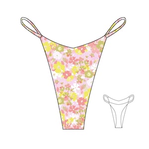 Puede incluir: Un bikini de color rosa y amarillo con estampado floral y tirantes finos. El bikini se muestra sobre un fondo blanco.