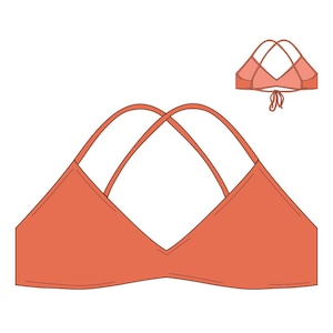 Puede incluir: Ilustración de un top de bikini color coral con tirantes entrecruzados. Se muestra una versión más pequeña del top arriba. El diseño presenta un escote en V y un cierre de lazo en la espalda.