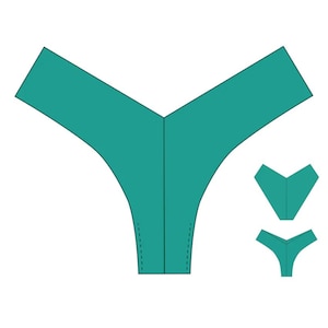 May include: A teal green underwear pattern with a V-shaped front and back. The pattern includes two separate pieces for the front and back.