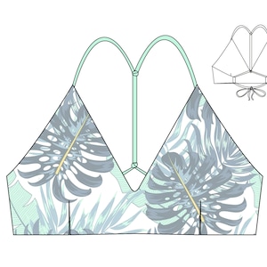 May include: A white bikini top with a tropical leaf print. The top has adjustable straps and a tie closure at the back.